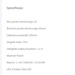 Zrzut ekranu specyfikacji technicznej oświetlenia solarnego