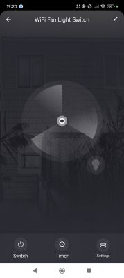 An app interface featuring a switch for controlling a WiFi fan and light.