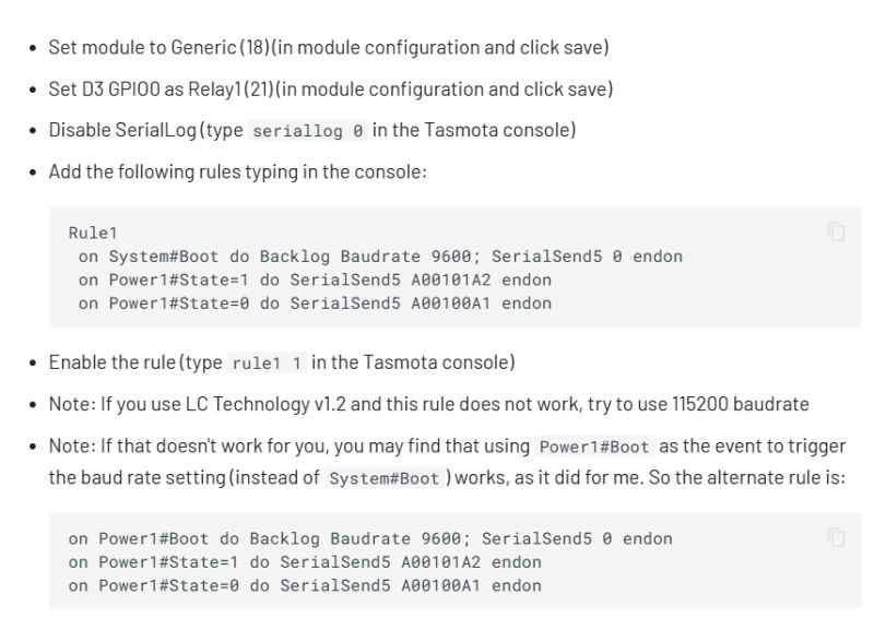 Screenshot of Tasmota UART setup instructions with step list and console rules code blocks.