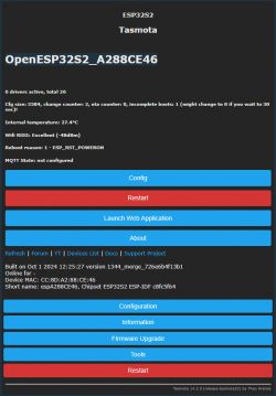Screenshot of the Tasmota interface for the OpenESP32S2_A288CE46 device displaying system information.