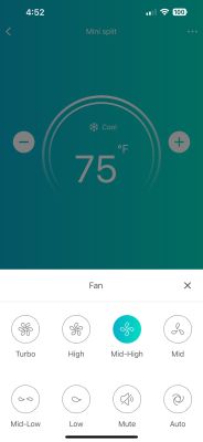 Air conditioner control app screen set to 75°F in cooling mode, with fan mode Mid-High selected.