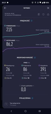 Zrzut ekranu z wynikami testu prędkości internetu z aplikacji na smartfonie.