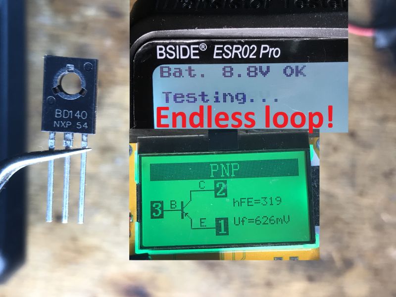 Transistor Testing Issues with BSIDE ESR02 Pro BSIDE ESR02 Pro tester in a loop during BD140 transistor test.