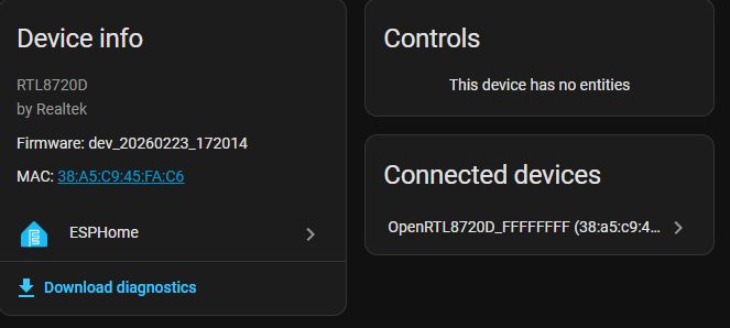 Dark UI showing Device info for RTL8720D with firmware and MAC, plus Controls and Connected devices sections