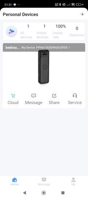 App view with active monitoring device displayed App screen showing a connected device resembling a spy camera