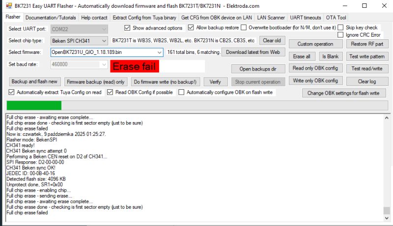 Erase fail message in BK7231 Easy UART Flasher during flash memory erase process.