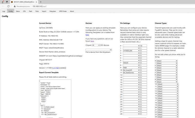 Web configuration interface of a device with IP address 192.168.0.163.