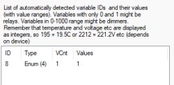 Screenshot showing a table with ID, Type, VCnt and Values, plus notes about temperature and voltage display