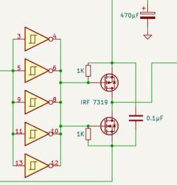 Circuit diagram with IRF7319 dual MOSFET and four logic gates via 1kΩ resistors