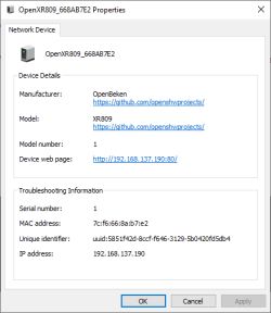 Screenshot of the properties of the OpenXR809_668AB7E2 network device.