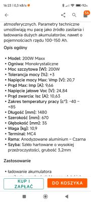 Specyfikacja techniczna panelu solarnego 200W Maxx.
