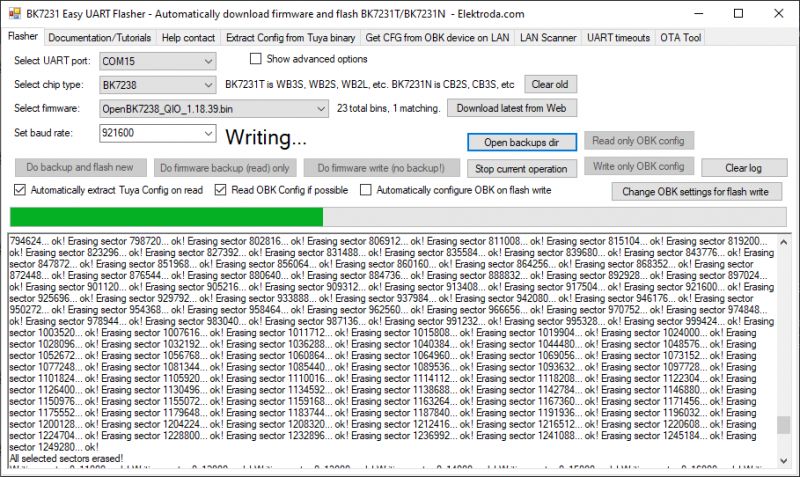 BK7231 Easy UART Flasher Application During Flash Operation Screenshot of BK7231 Easy UART Flasher application during a flashing operation.