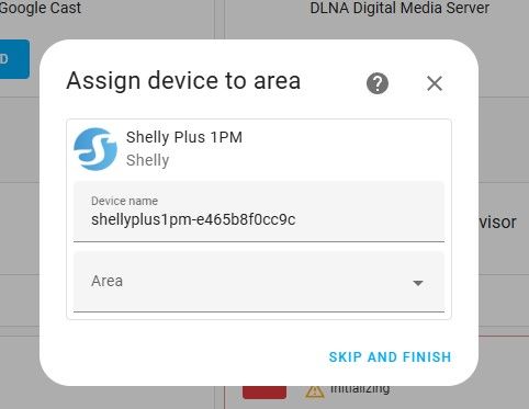 Home Assistant window assigning Shelly Plus 1PM device to an area