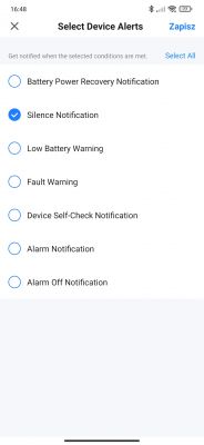 A screenshot from the Smart Life app showing device alert selection options.