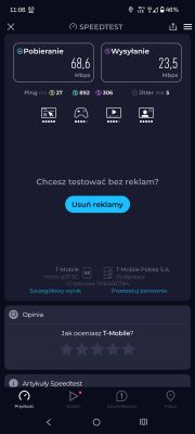Zrzut ekranu Speedtest: pobieranie 68,6 Mb/s, wysyłanie 23,5 Mb/s, ping 27 ms, sieć 5G