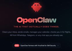 Screenshot of the OpenClaw webpage with logo, tagline, and a VirusTotal partnership banner.