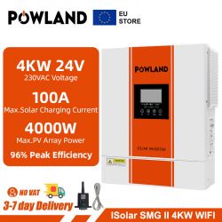 Falownik solarny Powoand 4KW z wyświetlaczem i specyfikacjami technicznymi.