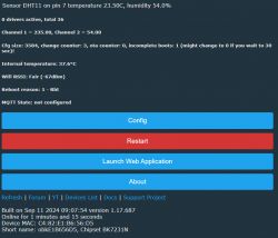 User interface screen displaying information about DHT11 sensor and configuration options.