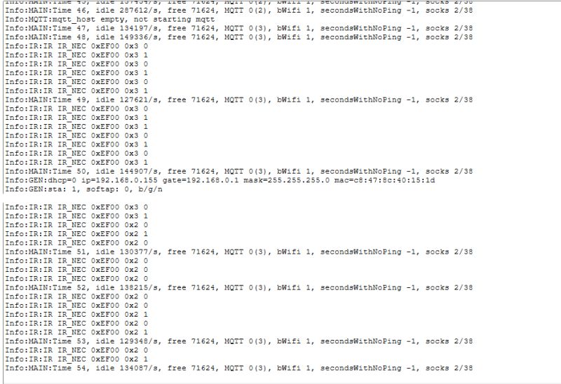 Device logs showing received IR codes in NEC format during LED controller operation