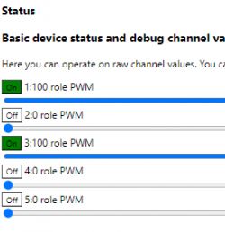 Screenshot showing device status with five PWM channels. Channels 1 and 3 are on, and channels 2, 4, and 5 are off.