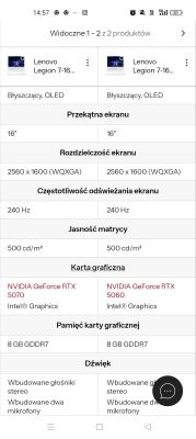 Porównanie dwóch laptopów Lenovo Legion 7-16 z różnymi kartami graficznymi