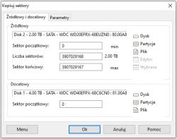 Okno konfiguracji kopiowania sektorów w programie DMDE.