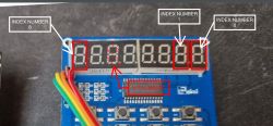 Four 7-segment LED displays on a blue circuit board, with index and bit number labels.