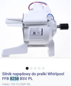 Silnik pralki Whirlpool FFB 8258 BSV PL z białą obudową i przewodami elektrycznymi