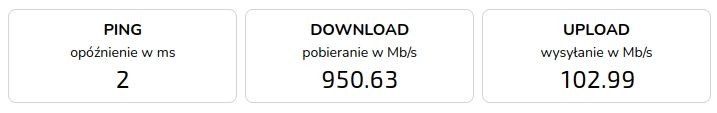 Wyniki testu prędkości internetu: ping 2 ms, pobieranie 950,63 Mb/s, wysyłanie 102,99 Mb/s