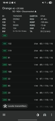 Zrzut ekranu sygnału sieci Orange LTE z parametrami RSRP, SNR, RSRQ w różnych pasmach.