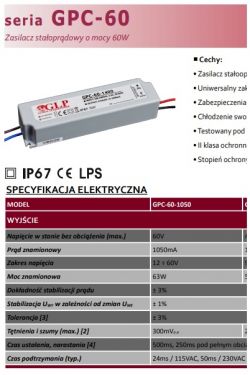 Zasilacz stałoprądowy GPC-60 z tabelą specyfikacji elektrycznej.