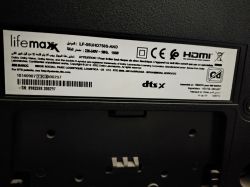 Rating label on a Lifemax TV showing model LF-55UHD750S-AND and CE/HDMI symbols