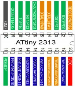 Diagram pinów mikroprocesora ATtiny2313 z opisami funkcji.