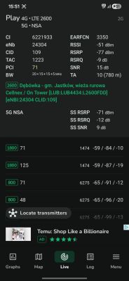 Zrzut ekranu aplikacji z danymi sygnału sieci LTE 2600 i 5G od operatora Play