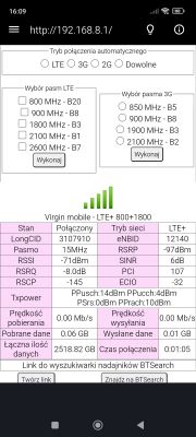 Ekran telefonu pokazujący ustawienia i statystyki połączenia LTE w aplikacji sieciowej.