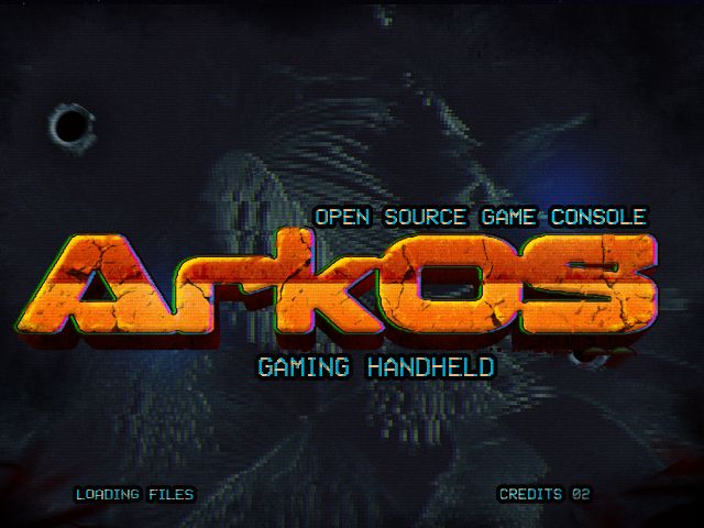 Startup screen of retro handheld console with ArkOS logo and Open Source Game Console text