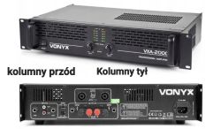 Wzmacniacz Vonyx VXA-2000C z przodu i z tyłu, z opisanymi gniazdami do podłączenia kolumn przednich i tylnych.