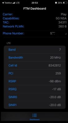 Zrzut ekranu z aplikacji Field Test pokazujący dane sieci LTE operatora Play