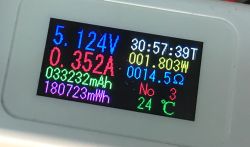 USB meter screen shows 5.124 V voltage and 0.352 A current draw