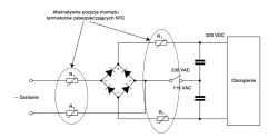 Schemat elektryczny ukazujący alternatywne pozycje montażu termistorów NTC.