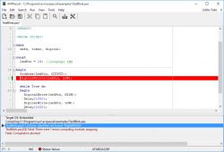 Interfejs edytora AVRPascal z błędem kompilacji w kodzie języka Pascal.
