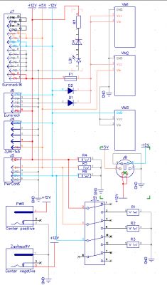 Electrical schematic with resistance consideration and a power supply socket for guitar effects.