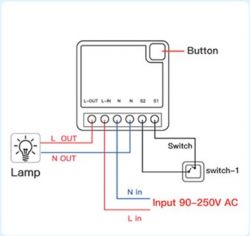 Wiring diagram for Mini Smart Switch 16A from AliExpress with wall switch and lamp.