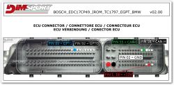 ECU connector with labeled pins for Bosch EDC17CP49 BMW unit, highlighting key functional pins.