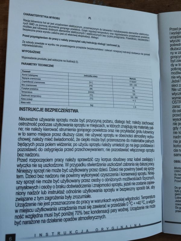 Yato YT-82457 Soldering Station User Manual Page from the user manual of the Yato YT-82457 soldering station with technical specifications.
