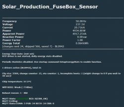 Screenshot of Solar_Production_FuseBox_Sensor data showing voltage, current, power, apparent power, and other technical statistics.