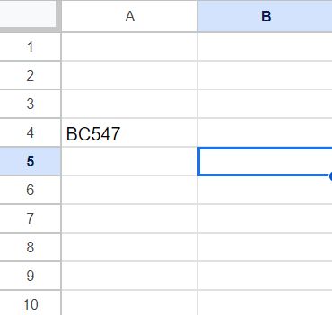Zrzut ekranu arkusza Google z widocznym tranzystorem BC547 w komórce A4.