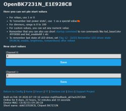 Screenshot of OpenBK7231N page for pin start values, with Channel 0 and Channel 1 fields and Save buttons