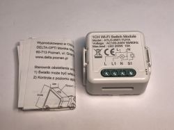ATLO-SW1-TUYA WiFi Relay Switch Module with Manual ATLO-SW1-TUYA WiFi relay switch module and Polish instruction manual on a white background.