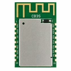 Electronic module on green PCB with antenna trace and metal shield; “CB3S” label.